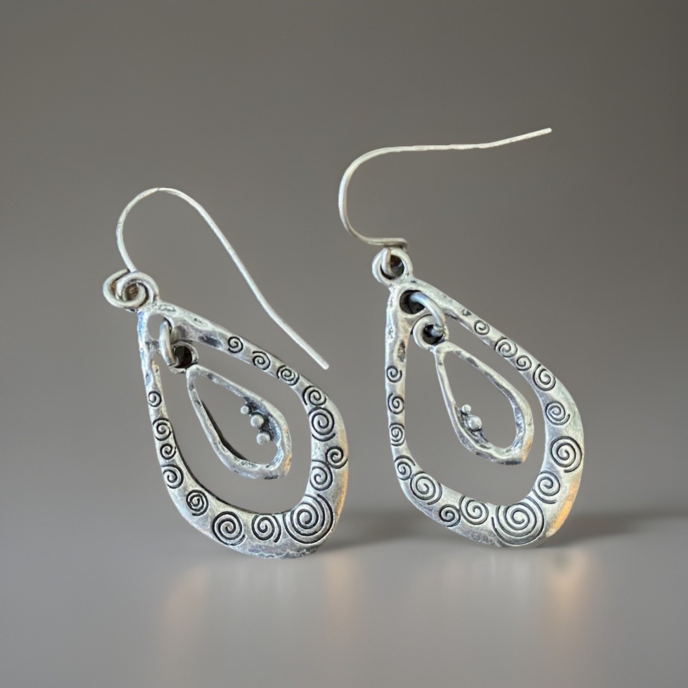 Boho French Hook Pierced Earrings Silver Tone Teardrop Swirl Design 1-1/8"